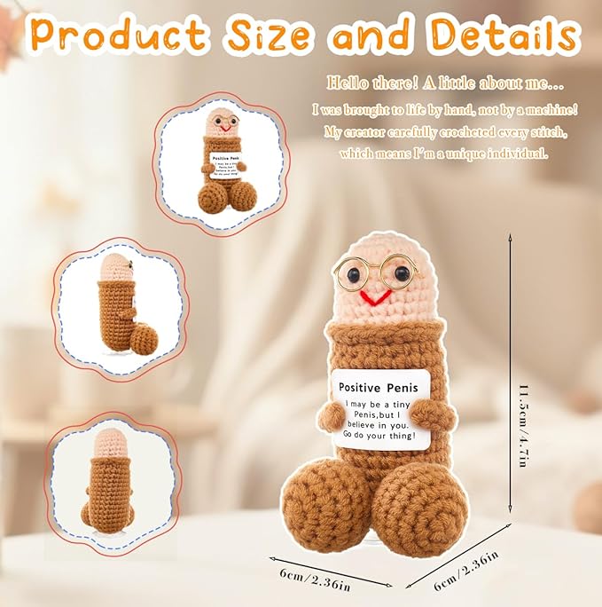 Funny Positive Crochet Animals Gag Doll Emotional Support Stuffed plushies for Adult Men Women,Weird Things Motivational White Elephant (Brown Doll with Glasses)