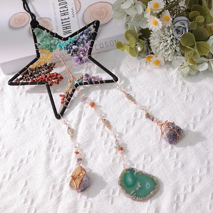 7 Chakra Dream Catcher Tree of Life Dream Catchers for Room Decoration Handmade Dreamcatcher Natrual Agate Gemstone Wall Hanging Ornament (Seven Colors)