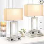 3 Color Temperatures Touch Control Table Lamps Set of 2, Stepless Dimmable Bedside Lamps with 2 USB Ports&AC Outlet, Modern Nightstand Lamps for Bedroom Living Room, Bulbs Included, Silver&White