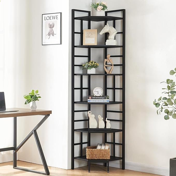 HOMISSUE Corner Shelf, 6 Tier Tall Narrow Bookshelf 76.9", Industrial Corner Bookcase with Storage for Home Office Living Room and Bedroom, Black