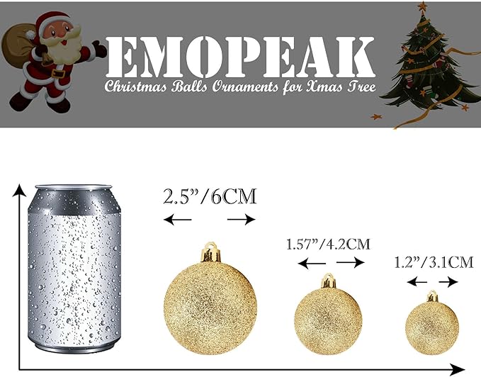Emopeak 24Pcs Christmas Balls Ornaments for Xmas Christmas Tree - 4 Style Shatterproof Christmas Tree Decorations Hanging Ball for Holiday Wedding Party Decoration (Gold, 1.3"/3.2CM)