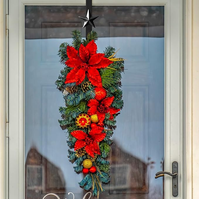 15 inches Christmas Decorative Wreath Hangers for Front Door;Over the Door Hooks (Black, Five-Pointed Star)