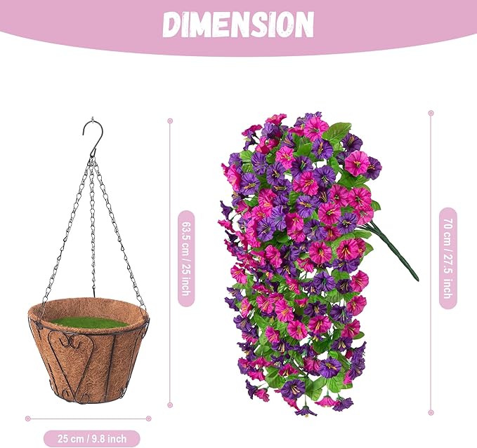 Artificial Flowers with Hanging Basket, Outdoor Faux Plants Silk Morning Glory Vines, Fake Green Arrangement for Garden Patio Spring Summer Decor(Purple Red Violet)