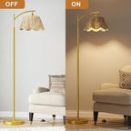 Oneach Arc Floor Lamp for Living Room with 3 Color Temperatures, Rattan Boho Floor Lamp with Hand-Woven Wicker Shade,Farmhouse Floor Lamps with Remote & Dimmable Bulb, Suitable for Bedroom（Gold）