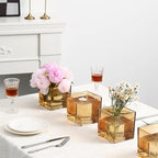 Square Glass Vases Set of 4, 5" x 5" x 5" Amber Flower Vases for Centerpieces, Square Vase for Flowers, Small Vase for Wedding, Party, Home Office Decoration