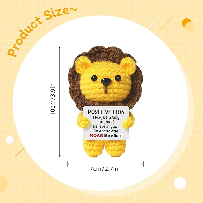 4 inch Positive Lion Handmade Knitted Wool Doll with Positive Card for Cheer Up Emotional Support Encouragement Friends