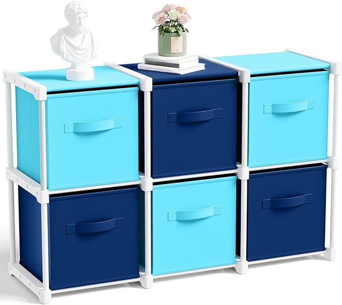 6 Cube Storage Organizer with Shelf Back to School Boxes 11 Inch Toy Storage Bins Closet Organizers Drawers Fabric Dresser for Playroom Books Bedroom Dorm Kitchen (Dark Blue,Light Blue)