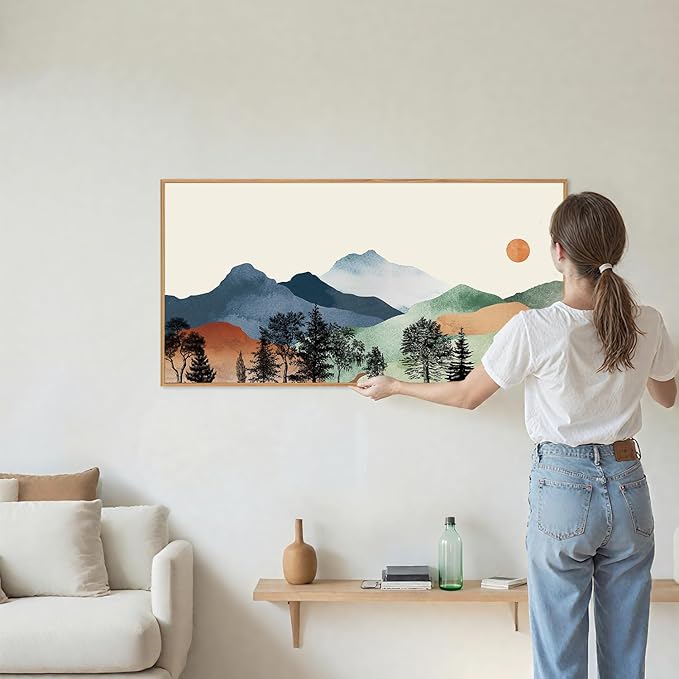 SIGNINART Boho Mountain Framed Canvas Wall Art, Watercolor Nature Landscape Art Prints, Modern Sunrise Art Paintings, Green Forest Wall Decor for Living Room, Bedroom, Office 20"x40"