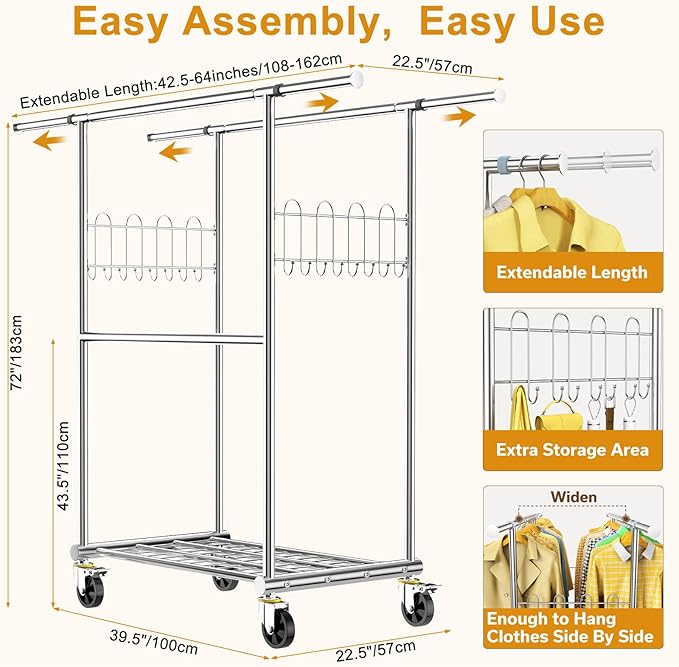 100% Stainless Steel Heavy Duty Clothes Rack Load 960LBS, Three Rods Clothing Racks for Hanging Clothes Extendable，Rolling Garment Rack With Sturdy Wheels Shelves Hooks, Portable Closet Wardrobe Rack