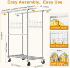 100% Stainless Steel Heavy Duty Clothes Rack Load 960LBS, Three Rods Clothing Racks for Hanging Clothes Extendable，Rolling Garment Rack With Sturdy Wheels Shelves Hooks, Portable Closet Wardrobe Rack