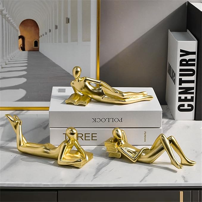 Gold Reading Statue Style A, Abstract Reader Figurine, Resin Book Decor for Bookshelf, Coffee Table, Desk Shelf Decor, Gift for Book Lovers