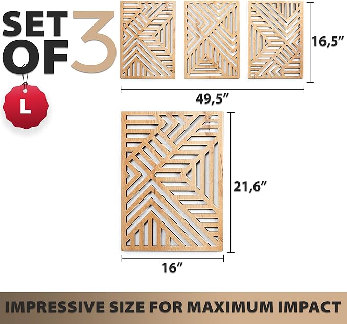 qmmp Modern Wooden Wall Sculptures - Set of 3 - Home Decor Accent - Large Wall Art for Living Room, Bedroom, Office - Easy Installation (Oak, Large - Direction)