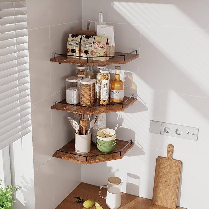 JJL Corner Shelf Wall Mounted, 12 Inches 3-Tier Floating Corner Shelf, Hexagon Rustic Wood Decor with Fence, Brown Storage Organizer for Apartment Bedroom Kitchen Bathroom