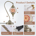 Yarra-Decor Turkish Moroccan Lamp with Bronze Base 3 Color Options Handmade Swan Neck Tiffany Mosaic Glass Bedside Lamps for Bedroom (LED Bulb Included)(4)