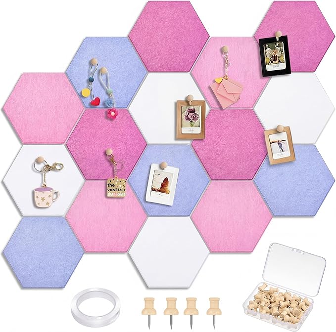 Mindsoft 16 Pcs Hexagon Cork Board for Walls with 50 Wooden Push Pins 12x10 in Felt DIY Tiles Notice with Nano Tape Hanging Bulletin Board for Home Photo Office Memo Note(Pink)