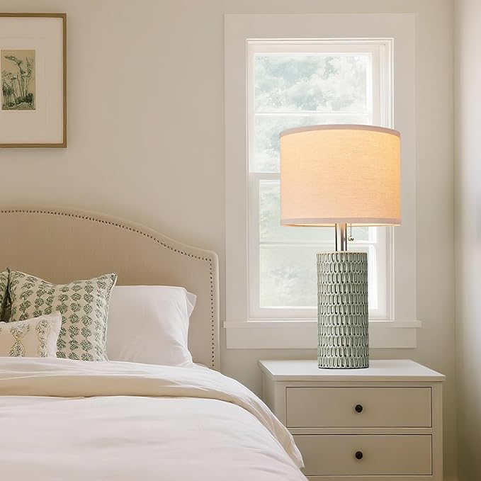 Reaketon 20.5" Modern Ceramic Table Lamps for Bedroom Set of 2, Bedside Lamps for Night Stands with Beige Lampshade, Farmhouse Table Lamp for Living Room Office Dorm, Light Green