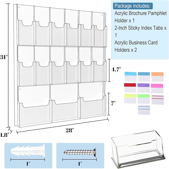 Acrylic Brochure Holder Wall Mount, Magazine and Pamphlet Display, Clear Literature Organizer Rack for 12 Pamphlets and 3 Magazines, Flyer Pamphlet Holder with Business Card Holders and Index Tabs