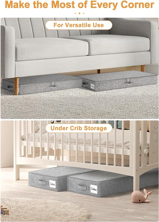 punemi Under Bed Storage Containers, 2 Pack 4.5 Inch Tall Low Profile Underbed Clothes Storage Organizer Bin with Sturdy Side & Bottom Support, Use as Clothes Organizer, Pillow and Blanket Organizer