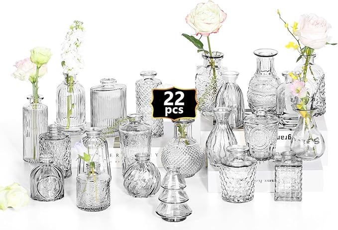 Mini Bud Vases Centerpieces for Tables,Clear Bud Vases for Flowers,Small Flower Vases Suitable for Birthday Party,Anniversary,Wedding Reception,Baby Shower (Clear, 22PCS)