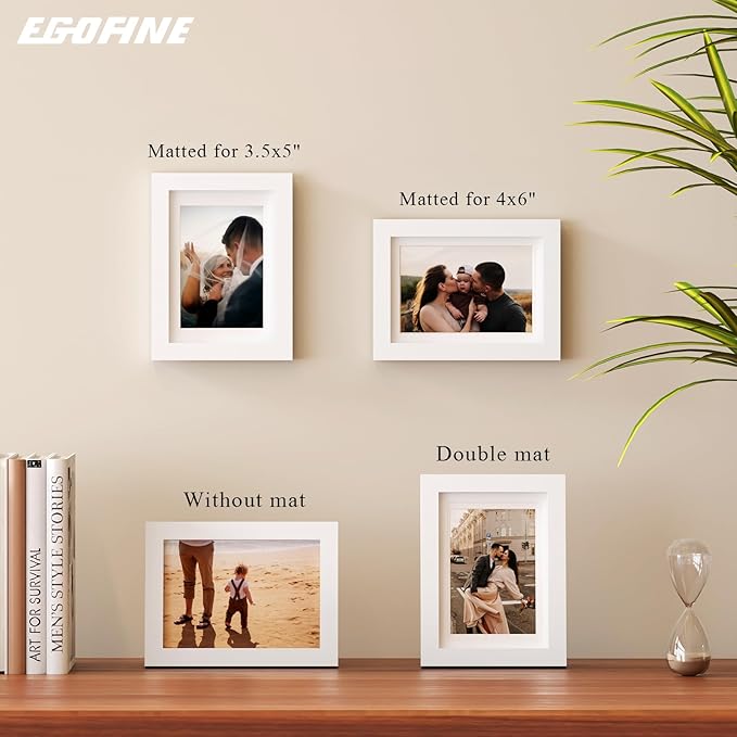 Egofine 5x7 Picture Frames Set of 4, Made of Solid Wood Covered by Plexiglass 3.5x5 and 4x6 with Mat or 5x7 without Mat, for Table Top Display and Wall Mounting Photo Frame White