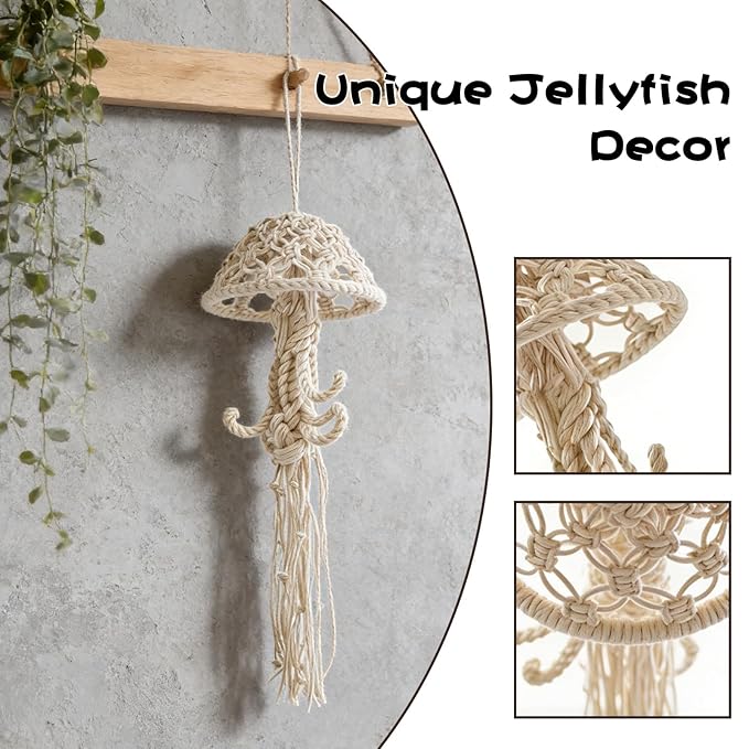 Macramé Wall Hanging, Rope-Woven Jellyfish Decor, Dream Catchers, Creative Wall Decor Accents (White)