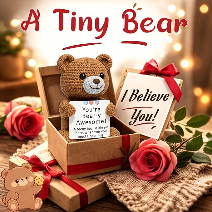 Positive Crochet Bear Gifts for Women Men, Emotional Positive Support Gift for Friend Coworker, Cute Mini Bear Desk Decor, Inspirational Thinking of You, Small Comfort Gift for Stress Relief