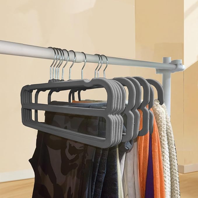 VSV stoage Velvet Pants Hangers with Double Non Slip Bar - Multiple Velvet Hangers for Closet - Thin Space Saving Clothes Hanger - 360° Swivel Felt Trouser Hanger Perchas Terciopelo 10 Pack (Grey)