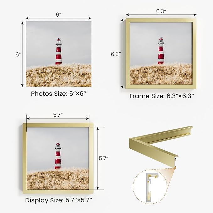 6x6 Aluminum Metal Picture Frame,Tempered Glass Gold Photo Frame 6x6 for Family Photo,Posters,Art,Document to Wall Mount Horizontally or Vertically