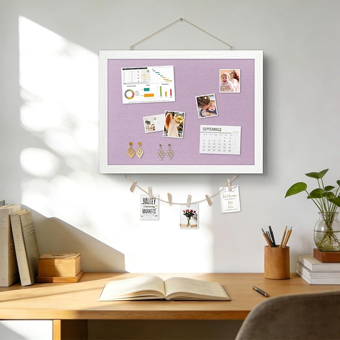 DOLLAR BOSS Bulletin Boards with Linen 1-Pack 16''X 12'' Double-Sided Cork Board for Walls Wood Framed Bulletin Boards, Small Pin Board for Home Kitchen Office Decorative Hanging 10 Pushpins, Purple