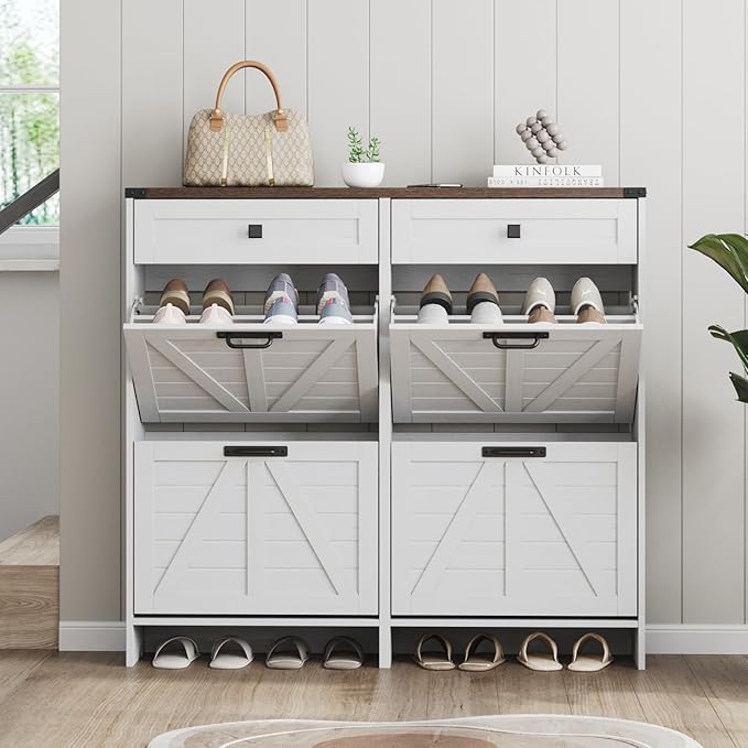 Shoe Cabinet with 4 Flip Drawers & 2 Drawers,Farmhouse Shoe Storage Cabinet for Entryway,Slim Freestanding Organizer Rack for Front Door Entrance,White