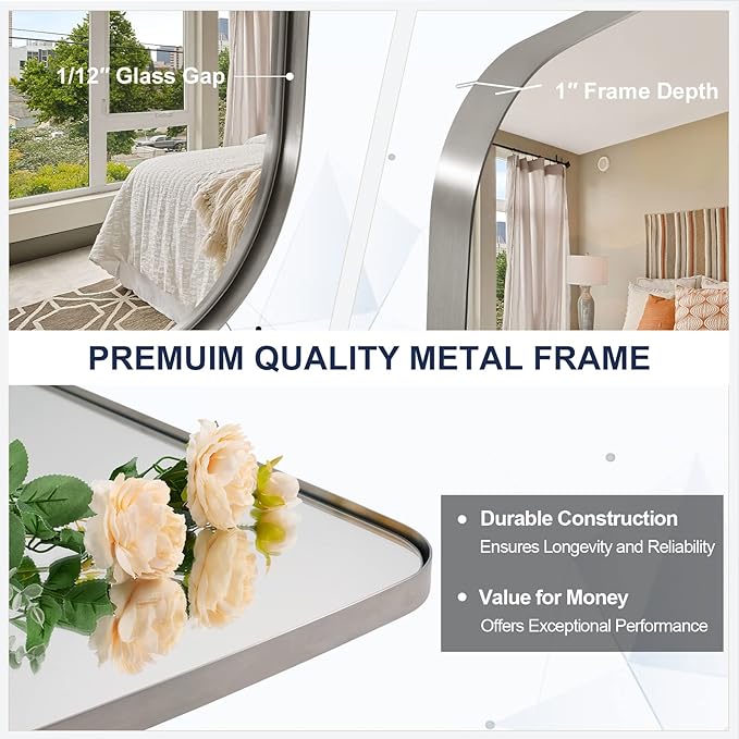 ANDY STAR Brushed Nickel Bathroom Mirror, 24x40” Oblong Mirror with Stainless Steel Metal Frame, Silver Oval Vanity Mirror for Over Sink, Modern Anti Rust Wall Mounted