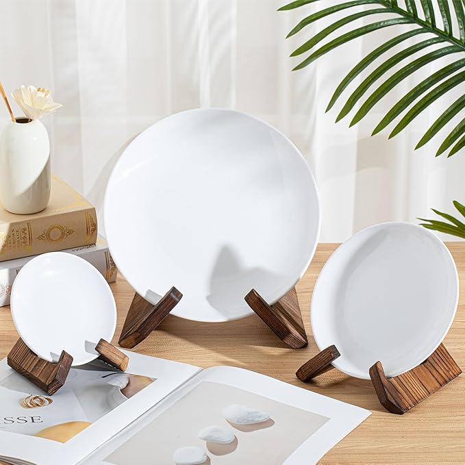 Honeydak 3 Pack 3 Size Bowl Stands for Display - 3.5, 4.5, 6.5 Inch Wooden Plate Holders Easel Frame Holder Display Stand for Large Deep Platters Dishes, Mini Easel, Frame, Card, Plaque, Book