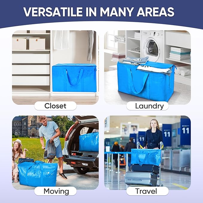 TICONN 4 Pack Extra Large Moving Bags Heavy Duty with Zippers & Carrying Handles, Durable Storage Bags Moving Boxes for Closet Organizers and Storage (4 Pack, Sky Blue)