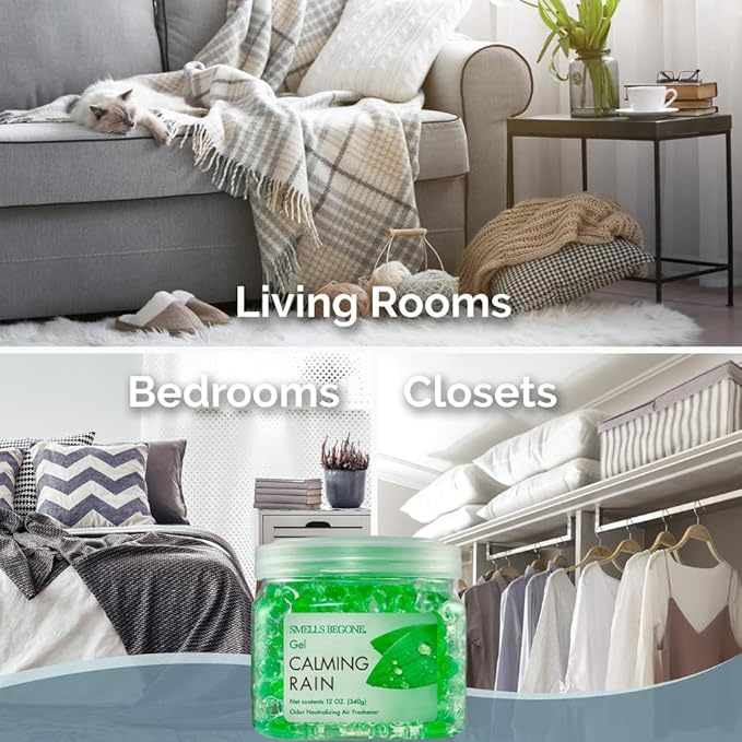 SMELLS BEGONE 12 oz Odor Eliminator Gel - Air Freshener - Absorbs & Eliminates Odor in Bathrooms, Basements, Cars, Boats, RVs & Pet Areas - Made with Essential Oils - Calming Rain Scent