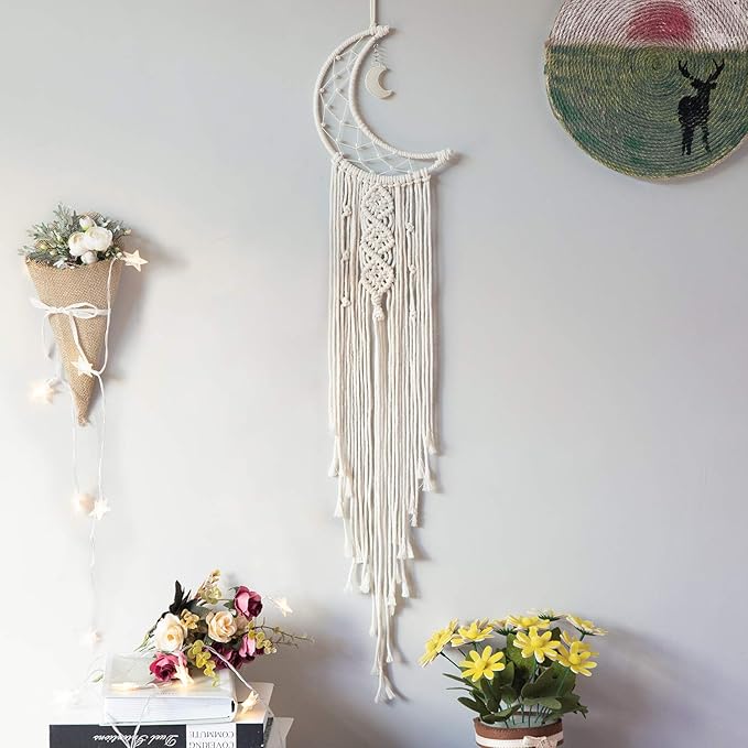 MOONFLY Dream Catcher with Handmade Moon Star Design Woven Cotton Macrame Wall Hanging Boho Home Decoration Ornament Craft Gift for Bedroom Living Room Wedding Party (White Moon)