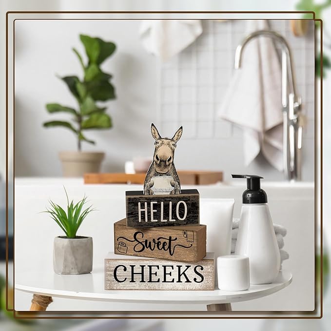 Moucuny 4 Pcs Donkey Bathroom Decor Set Farmhouse Bathroom Decor and Accessories Rustic Hello Sweet Cheeks Wooden Blocks Signs Funny Donkey Toilet Shelf Decoration for Home Office Half Bath