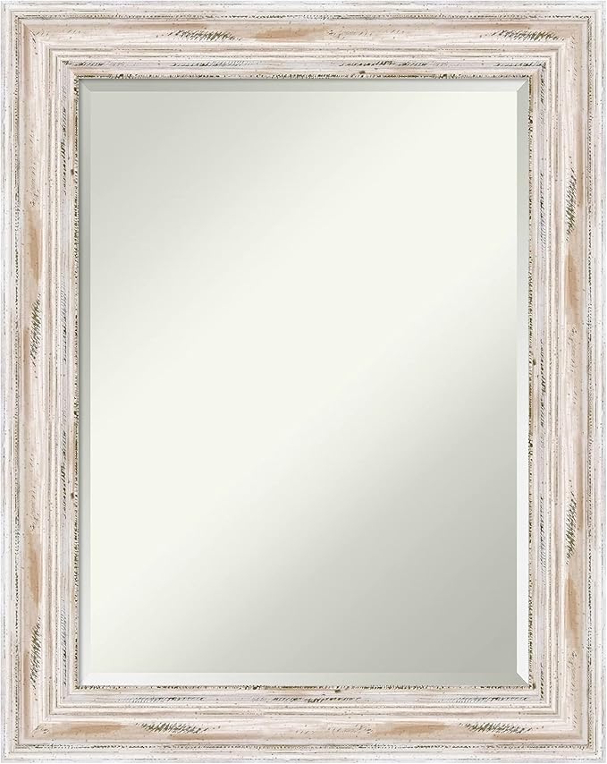 Amanti Art White Wall Mirror 29x23 Alexandria White Wash Rectangle Bathroom Mirror for Wall Decor Living Room, Medium Cottage Wood Frame, Hangs Horizonally and Vertically, Bathroom Decor, Beveled Edge