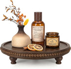 EOSAHR Acacia Wood Beaded Round Display Riser for Boho Decor – 3-Leg Wooden Pedestal Stand for Coffee Table, Cake Stand, Perfume Tray & Vanity Organizer – Riser for Decor (Dark Acacia)