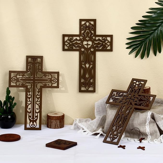 Bnesi 3 Pcs Wooden Cross Wall Art - Brown Carved Pattern Religious Crosses for Living Room, Church, Wedding, Office, Hospital