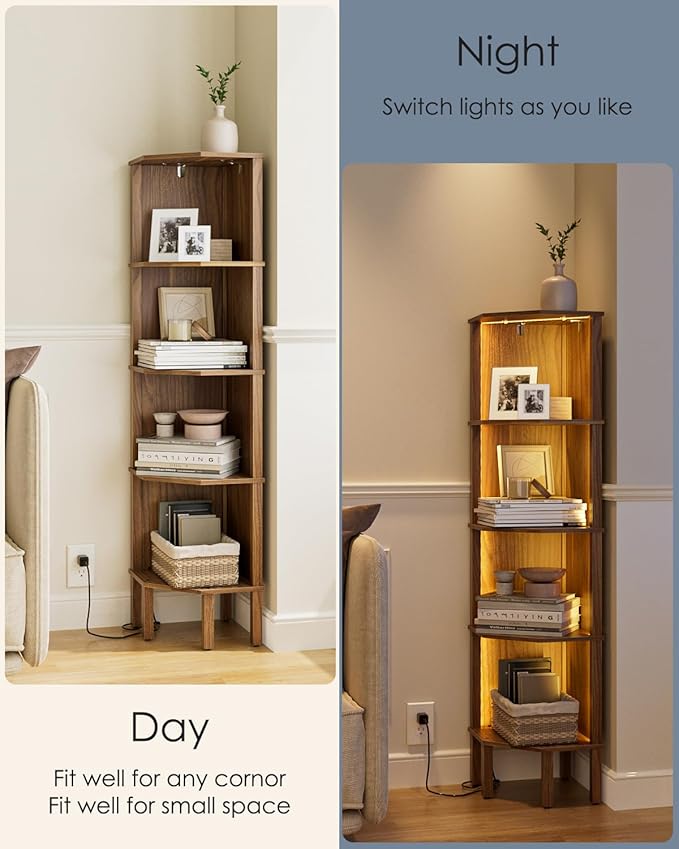 Corner Shelf Stand, 5 Tier Corner Bookshelf,Corner Furniture for Bedroom Display Corner Shelf for Small Space,Wood Shelves with Storage Rack for Living Room,Office,Walnut