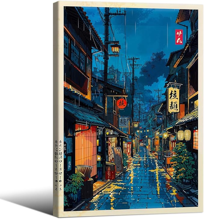 Japanese Tokyo Tea House Framed Canvas Wall Art Japanese City Street Cafe Scene Picture Print Modern Ukiyo-e Decor Poster for Japanese Home Bedroom Decorations Artwork20x30in