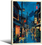 Japanese Tokyo Tea House Framed Canvas Wall Art Japanese City Street Cafe Scene Picture Print Modern Ukiyo-e Decor Poster for Japanese Home Bedroom Decorations Artwork20x30in