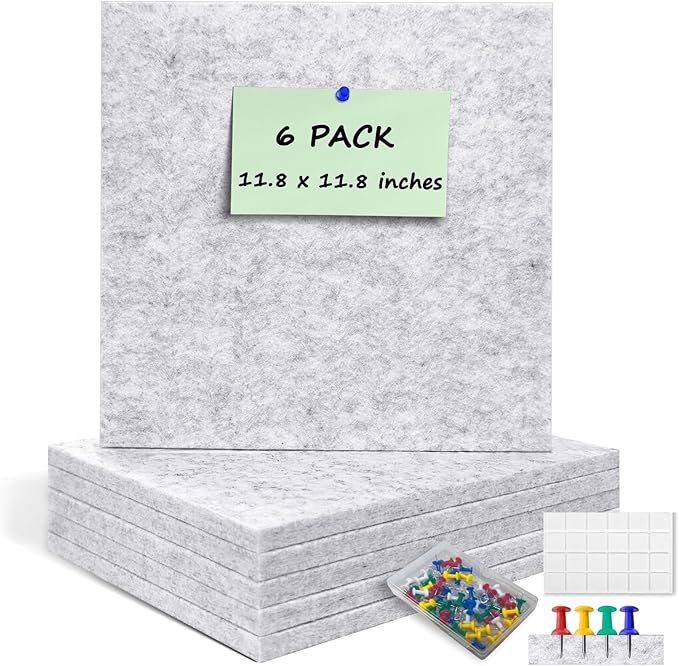 6 Pack Cork Board Felt Bulletin Board with 60 Push Pins, 1/2" Thick Pinboard Square Tiles for Wall Organizer - Home Office Classroom Decor, Photo Display, Memo Board (11.8"x11.8"- Light Grey)