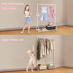 Kids Clothing Rack, Small Clothes Shelf with Metal Storage Shelf, Kids Dress Up Storage Rack, (White)