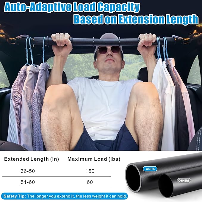 Car Travel Clothes Hanger Bar Expandable 36''-60'' Clothing Rack for Truck SUV Closet Auto-Adaptive Hanging Rod Holds Up to 150 lbs, Road Trip Garment Drying Pole For Vehicles(No Assembly Required)