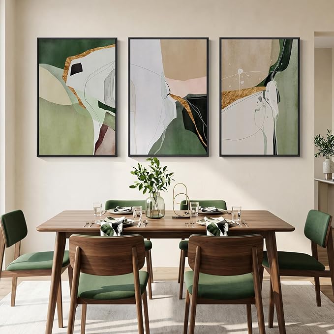 Large Framed Green and Beige Abstract Wall Art for Living Room, 3 Piece Modern Canvas Prints Paintings, Abstract Color Block Pictures for Living Room Dining Bedroom Hallway Office Wall Decor 24x36 In