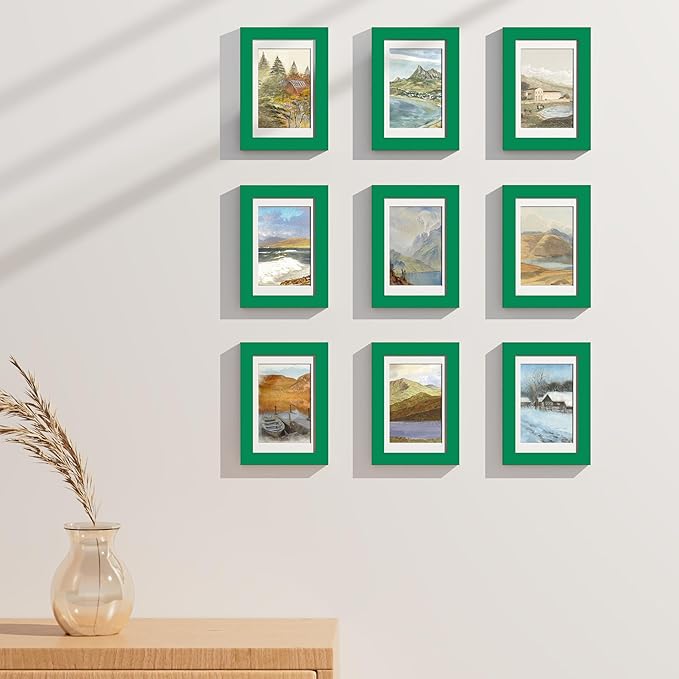 Vittanly 4x6 Picture Frames Set of 9, Shatter Resistant Plexiglass, Display 3.5x5 Pictures with Mat or 4x6 without Mat, Photo Frames for Wall or Tabletop, Engineered Wood, Green
