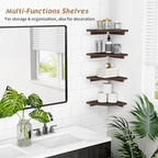 Forbena Floating Corner Shelves for Wall Set of 4, Small Corner Bookshelf for Bedroom Books, Round Wooden Corner Shelf Wall Mount for Bathroom Plants, Kitchen, Living Room Decor (Dark Brown)