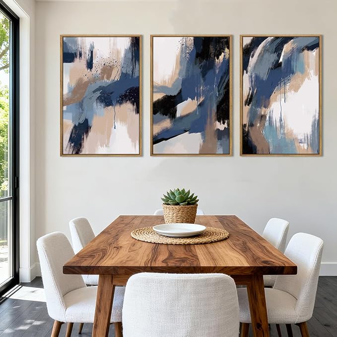 Extra Large Blue Neutral Wall Art Modern Abstract Wall Painting Framed Blue Artwork Abstract Blue Wall Decor Modern Abstract Art Prints Neutral Abstract Paintings for Living Room Bedroom Office 24x36 Inch Set of 3
