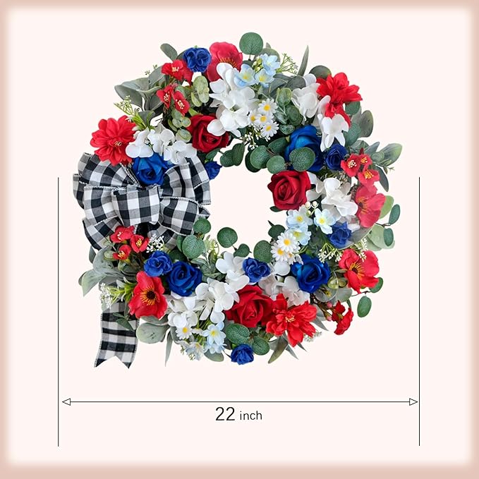 idyllic 22 Inch Patriotic Wreath 4th of July Wreaths for Front Door Red White and Blue Wreath Artificial Roses Hydrangea and Plaid Bow for Memorial Independence Day Spring Indoor Outdoor Decorations